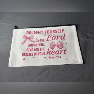 New White Canvas Zipper Pouch with Pink Script & Bow